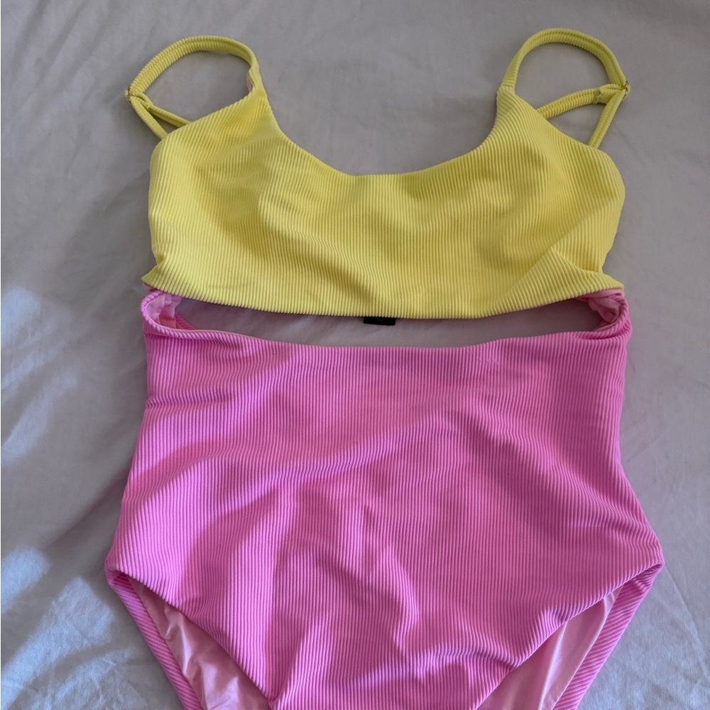Beach Riot Ray Cutout One Piece Swimsuit Colorblock Pink Yellow, XS